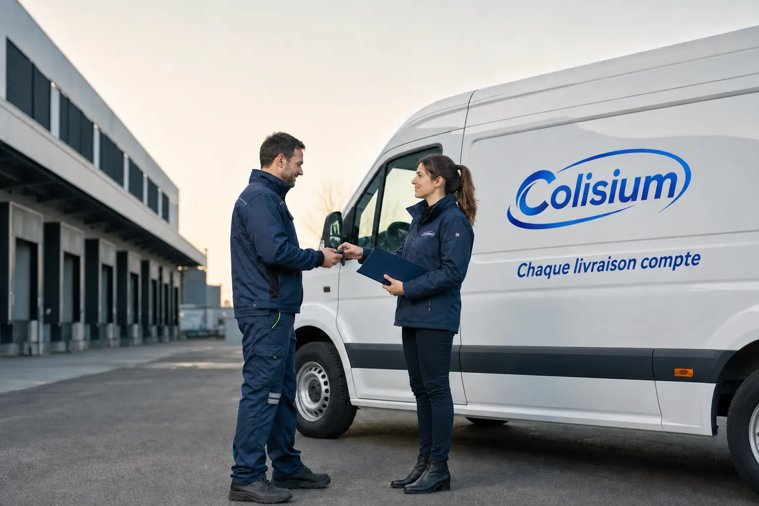 Remise des clés à un conducteur devant un utilitaire Colisium